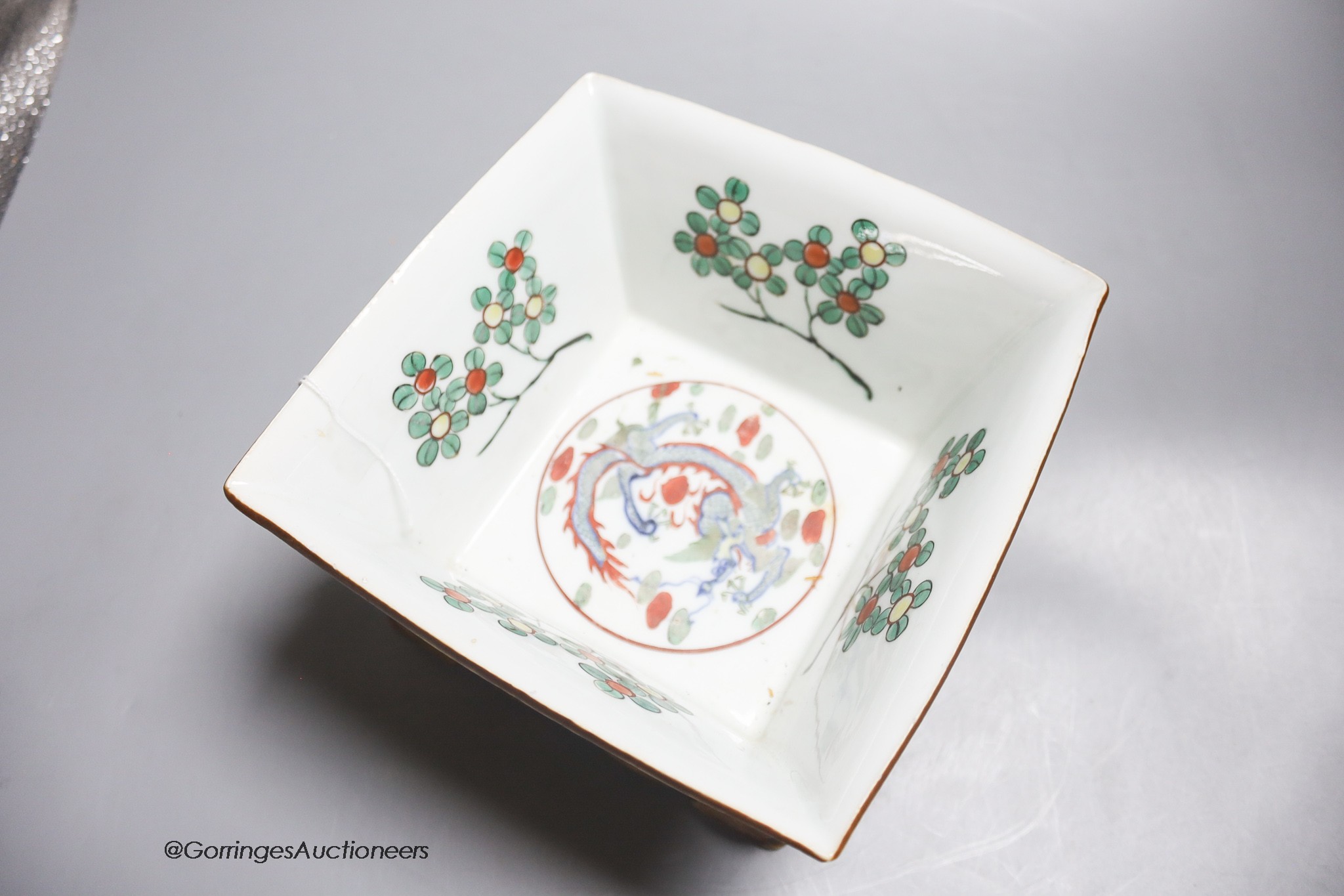 An Oriental enamelled porcelain square 'dragon' bowl, 18cm